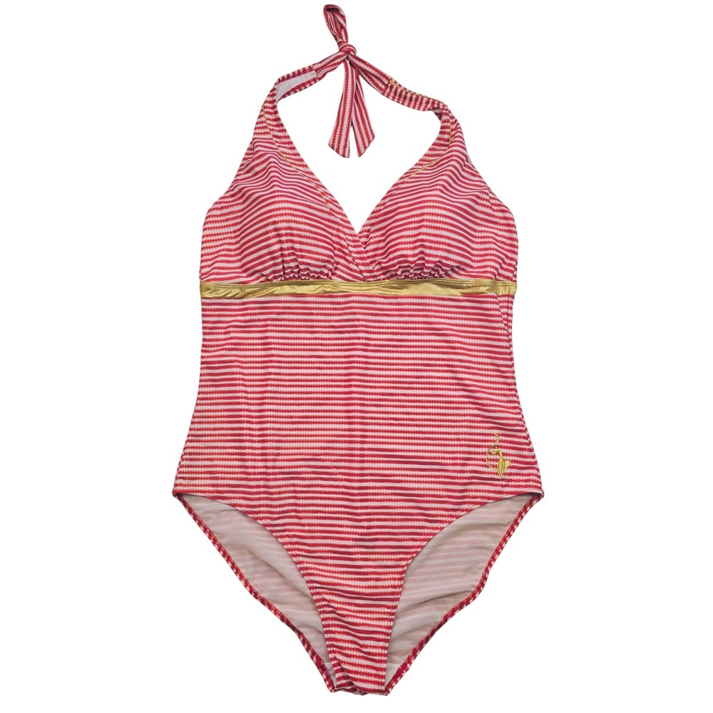 Baby Phat 12B Red Striped Gold Accent Halter One Piece Swimsuit‎ Plus Size 3X